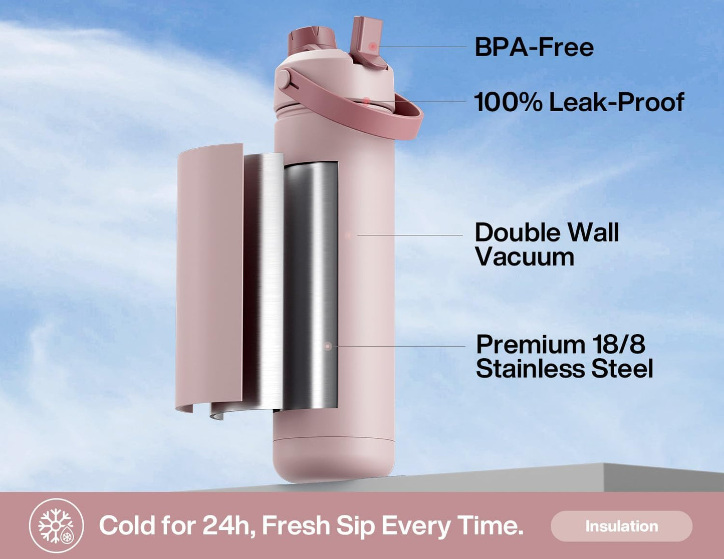 26 oz Insulated Water Bottle with 2-in-1 Straw and Spout Lid, Keep Cold 24H, Leak-Proof, Fits in Car Cup Holder, Stainless Steel Water Bottle for Sports, Gym, Travel, and School (Mousse) - Colors A