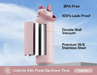 26 oz Insulated Water Bottle with 2-in-1 Straw and Spout Lid, Keep Cold 24H, Leak-Proof, Fits in Car Cup Holder, Stainless Steel Water Bottle for Sports, Gym, Travel, and School (Mousse) - Colors A