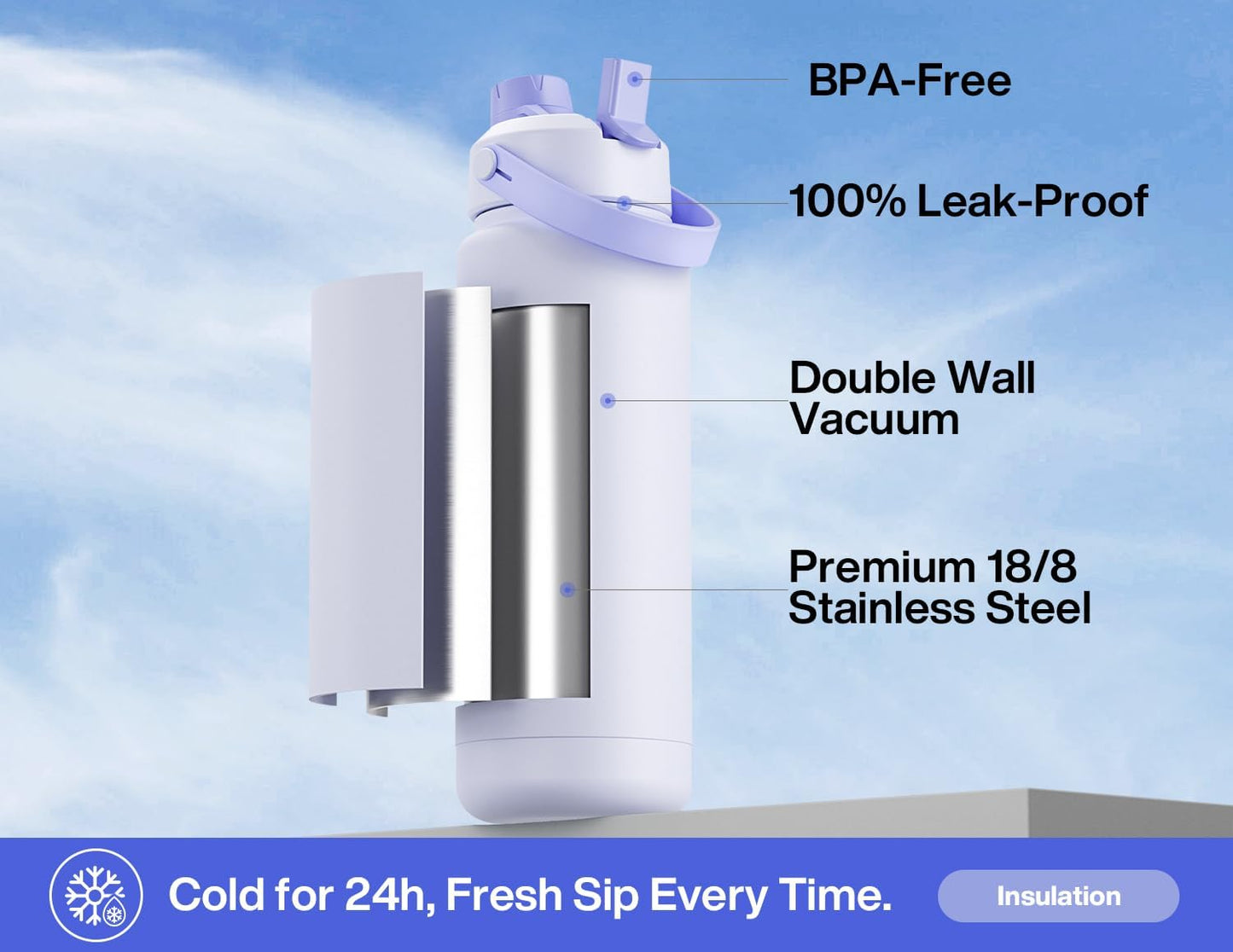 26 oz Insulated Water Bottle with 2-in-1 Straw and Spout Lid, Keep Cold 24H, Leak-Proof, Fits in Car Cup Holder, Stainless Steel Water Bottle for Sports, Gym, Travel, and School (Mousse) - Colors A