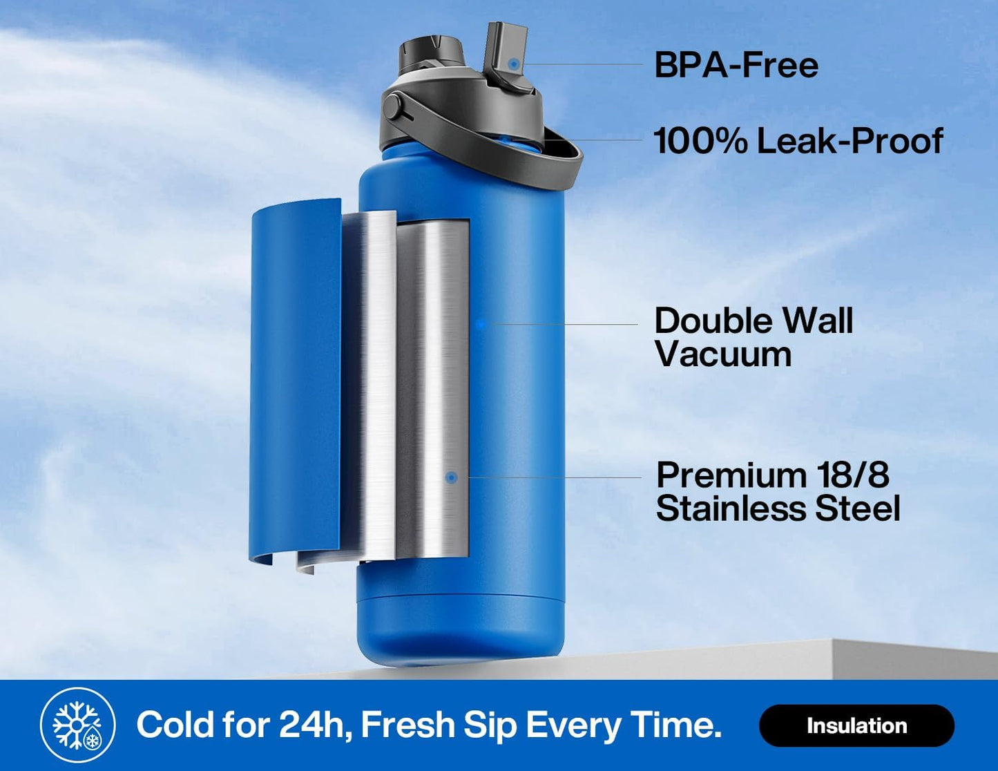 26 oz Insulated Water Bottle with 2-in-1 Straw and Spout Lid, Keep Cold 24H, Leak-Proof, Fits in Car Cup Holder, Stainless Steel Water Bottle for Sports, Gym, Travel, and School (Mousse) - Colors A