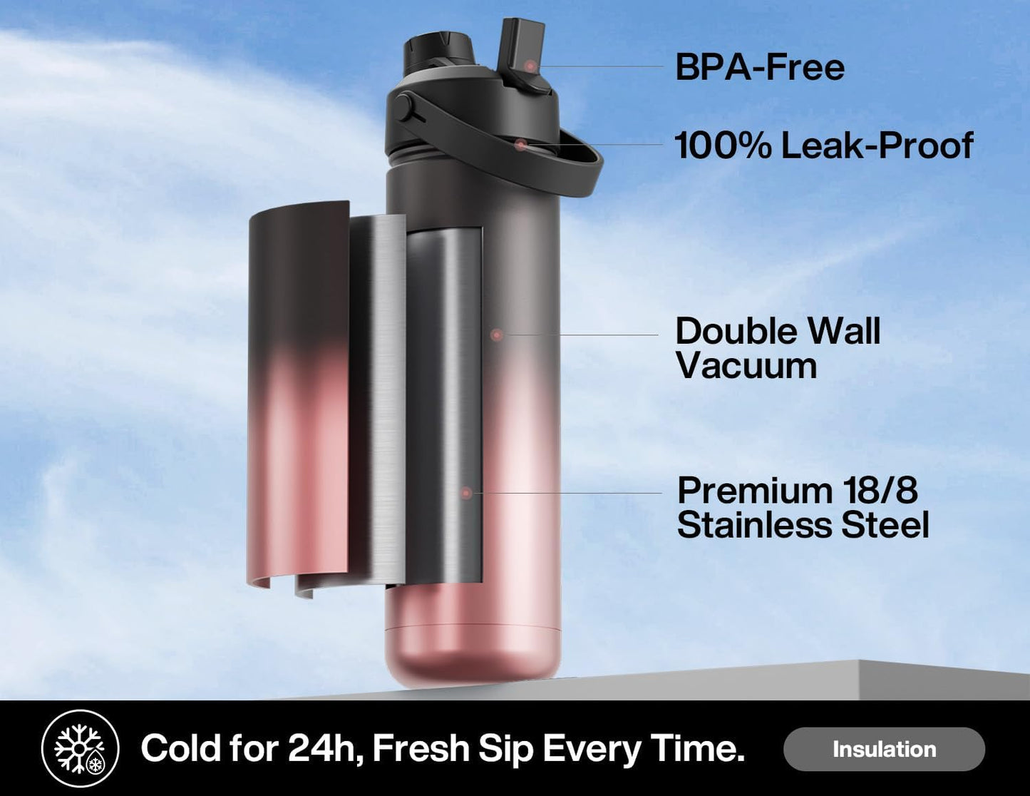 26 oz Insulated Water Bottle with 2-in-1 Straw and Spout Lid, Keep Cold 24H, Leak-Proof, Fits in Car Cup Holder, Stainless Steel Water Bottle for Sports, Gym, Travel, and School (Mousse) - Colors A