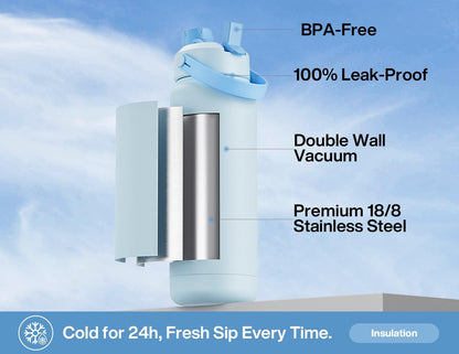 26 oz Insulated Water Bottle with 2-in-1 Straw and Spout Lid, Keep Cold 24H, Leak-Proof, Fits in Car Cup Holder, Stainless Steel Water Bottle for Sports, Gym, Travel, and School (Mousse) - Colors A