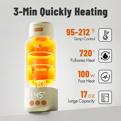 Portable Bottle Warmer - Detachable 10000mAh Battery, 212°F Boil & Sterilization, 3 Min Fast Heating, 100W, 17 OZ Large Capacity, Designed for Travel Bottle Warmer On the Go