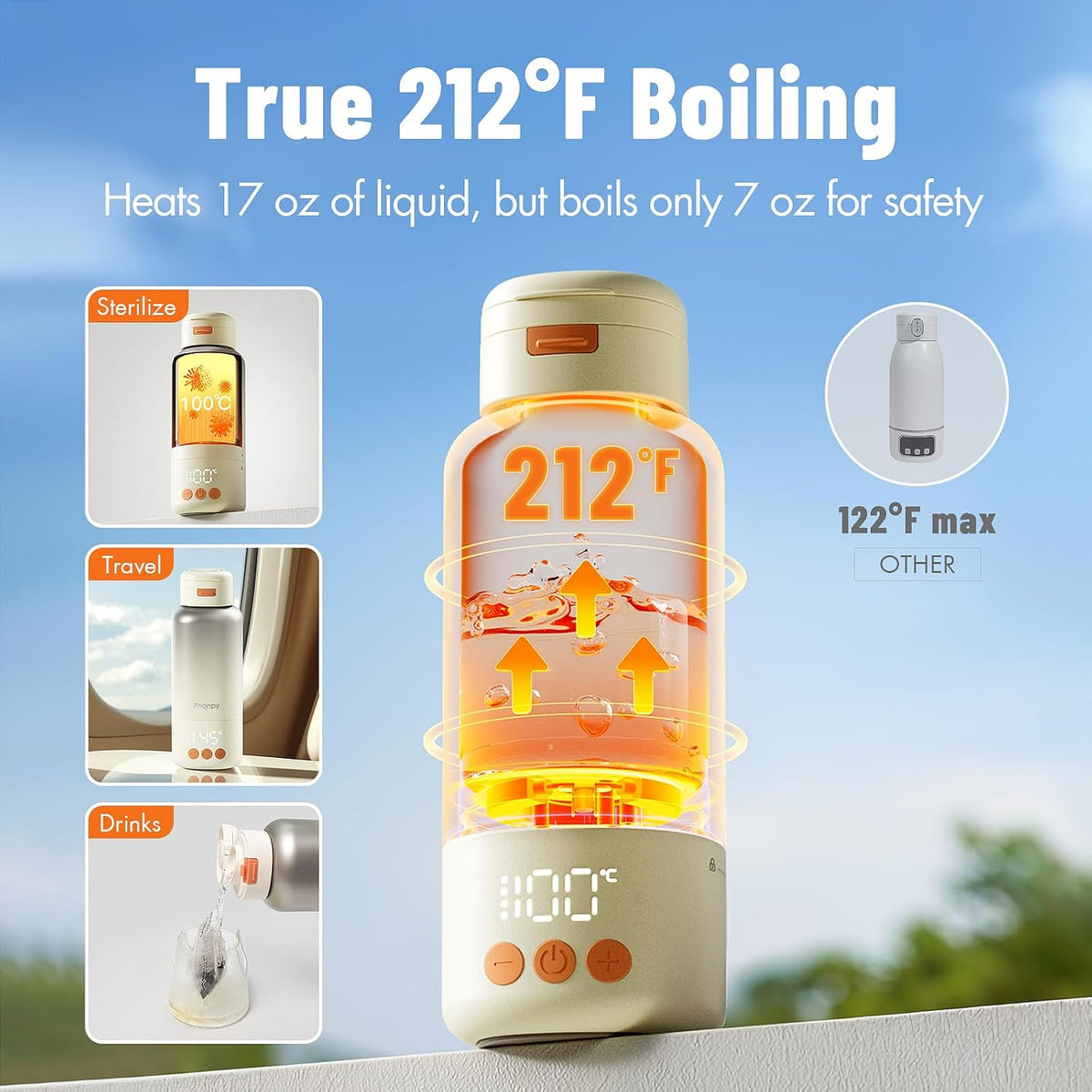 Portable Bottle Warmer - Detachable 10000mAh Battery, 212°F Boil & Sterilization, 3 Min Fast Heating, 100W, 17 OZ Large Capacity, Designed for Travel Bottle Warmer On the Go