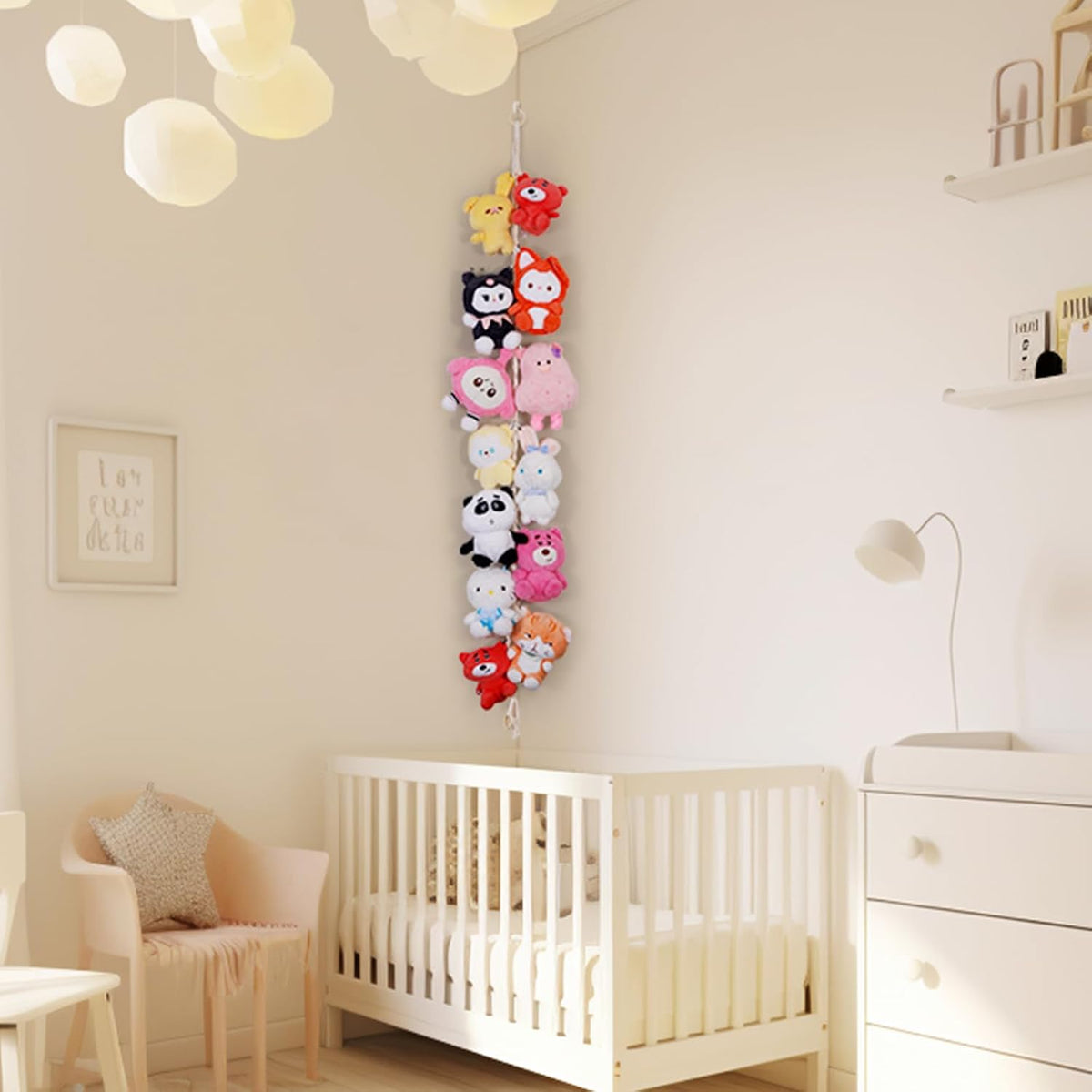 Stuffed Animal Storage Chain Boho Room Decor, Hanging Stuffed Animal Holder with 20 Metal Clips, Macrame Plush Toy Corner Organizer for Kids Baby Nursery Bedroom Playroom Wall Decor