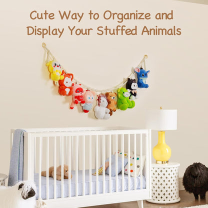 Stuffed Animal Storage Chain Boho Room Decor, Hanging Stuffed Animal Holder with 20 Metal Clips, Macrame Plush Toy Corner Organizer for Kids Baby Nursery Bedroom Playroom Wall Decor