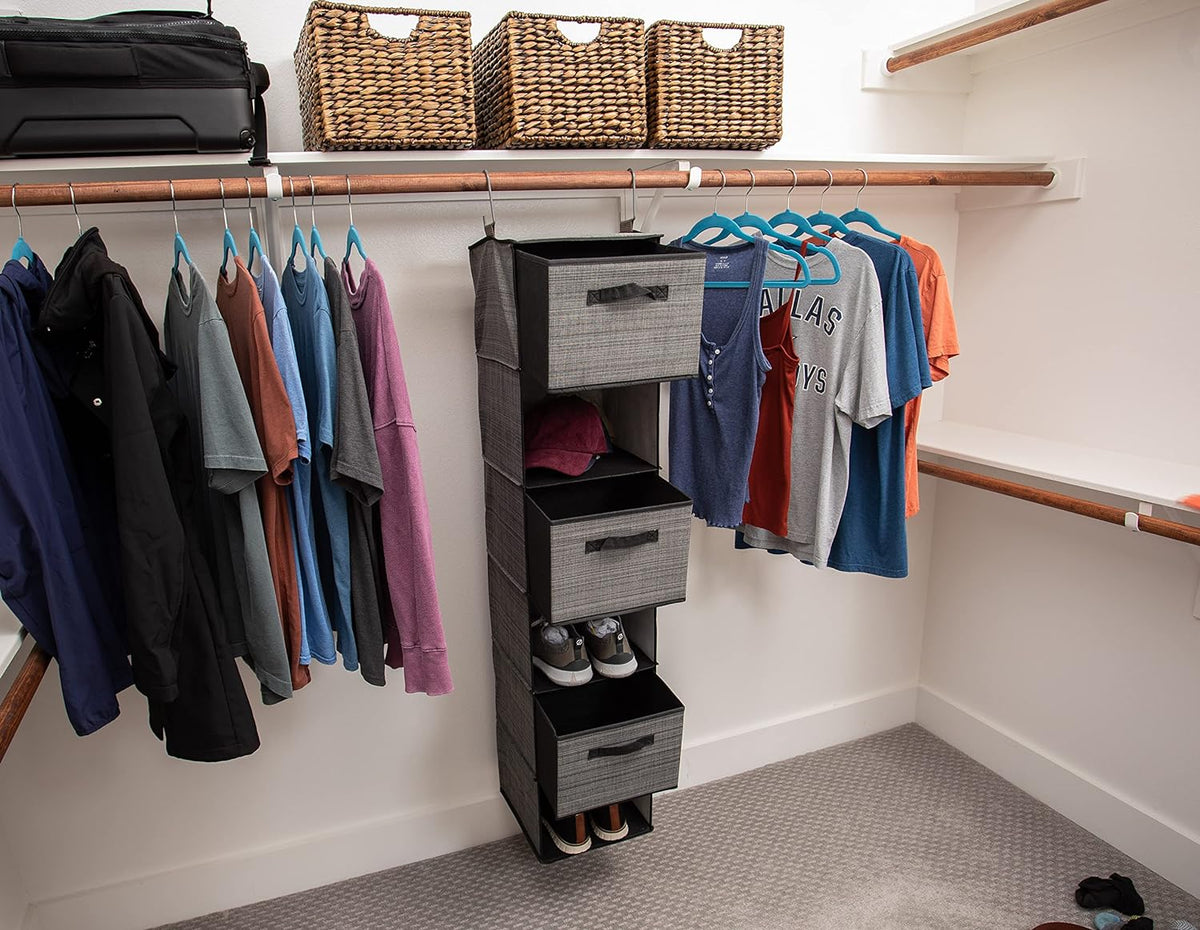Internet's Best Hanging Closet Organizer with Drawers | 6 Shelf | 3 Drawers | Clothing Sweaters Shoes Accessories Storage | Grey