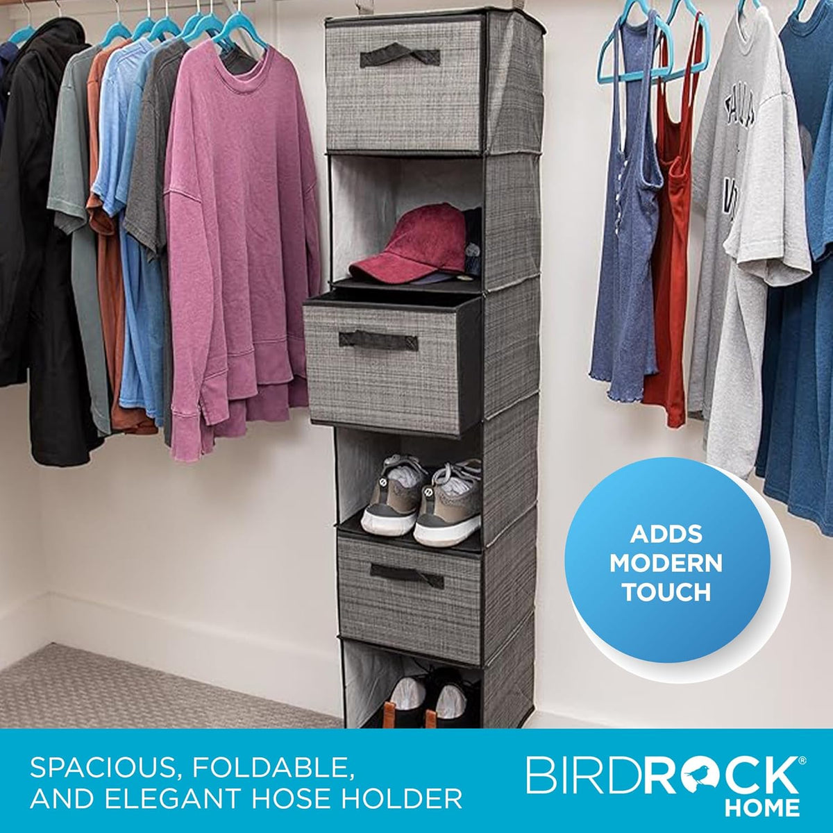 Internet's Best Hanging Closet Organizer with Drawers | 6 Shelf | 3 Drawers | Clothing Sweaters Shoes Accessories Storage | Grey
