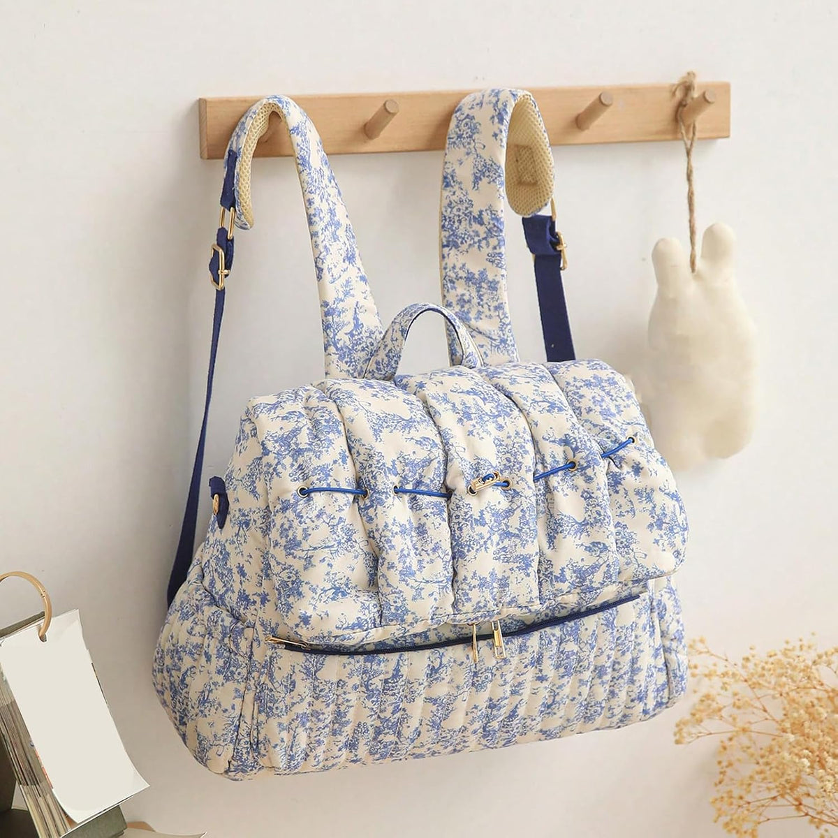Quilted Diaper Bag Backpack, Vintage Floral Puffer Diaper Backpack Large Baby Travel Bag Mom Hospital Bag