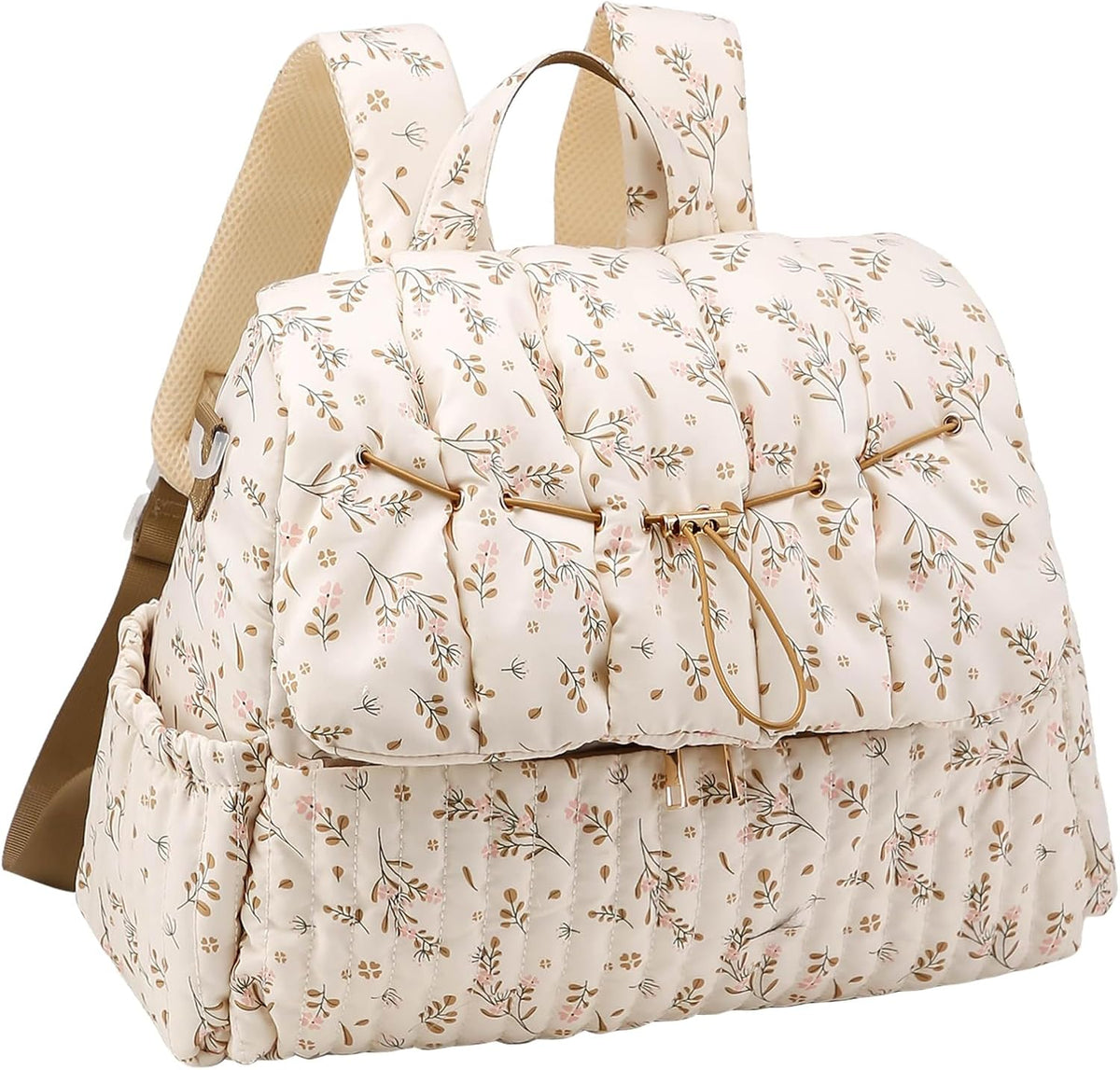Quilted Diaper Bag Backpack, Vintage Floral Puffer Diaper Backpack Large Baby Travel Bag Mom Hospital Bag