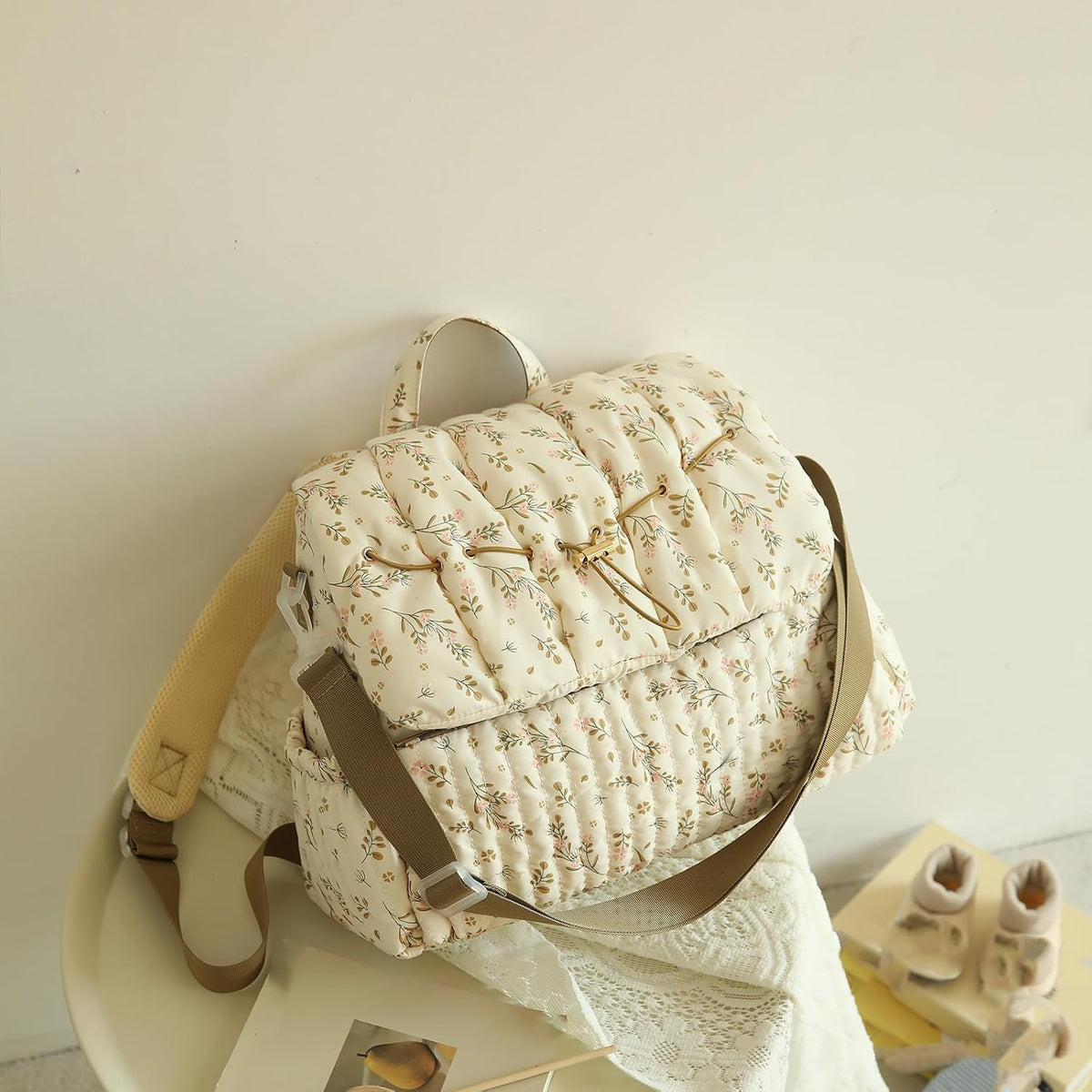 Quilted Diaper Bag Backpack, Vintage Floral Puffer Diaper Backpack Large Baby Travel Bag Mom Hospital Bag