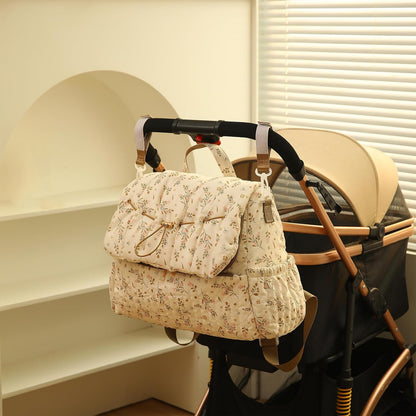 Quilted Diaper Bag Backpack, Vintage Floral Puffer Diaper Backpack Large Baby Travel Bag Mom Hospital Bag