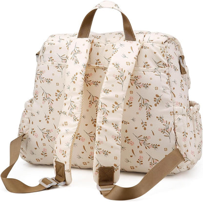 Quilted Diaper Bag Backpack, Vintage Floral Puffer Diaper Backpack Large Baby Travel Bag Mom Hospital Bag
