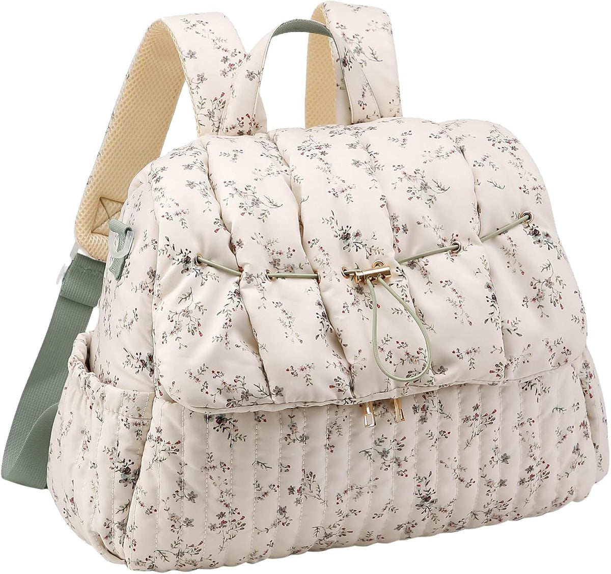 Quilted Diaper Bag Backpack, Vintage Floral Puffer Diaper Backpack Large Baby Travel Bag Mom Hospital Bag