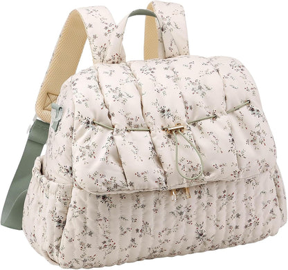 Quilted Diaper Bag Backpack, Vintage Floral Puffer Diaper Backpack Large Baby Travel Bag Mom Hospital Bag