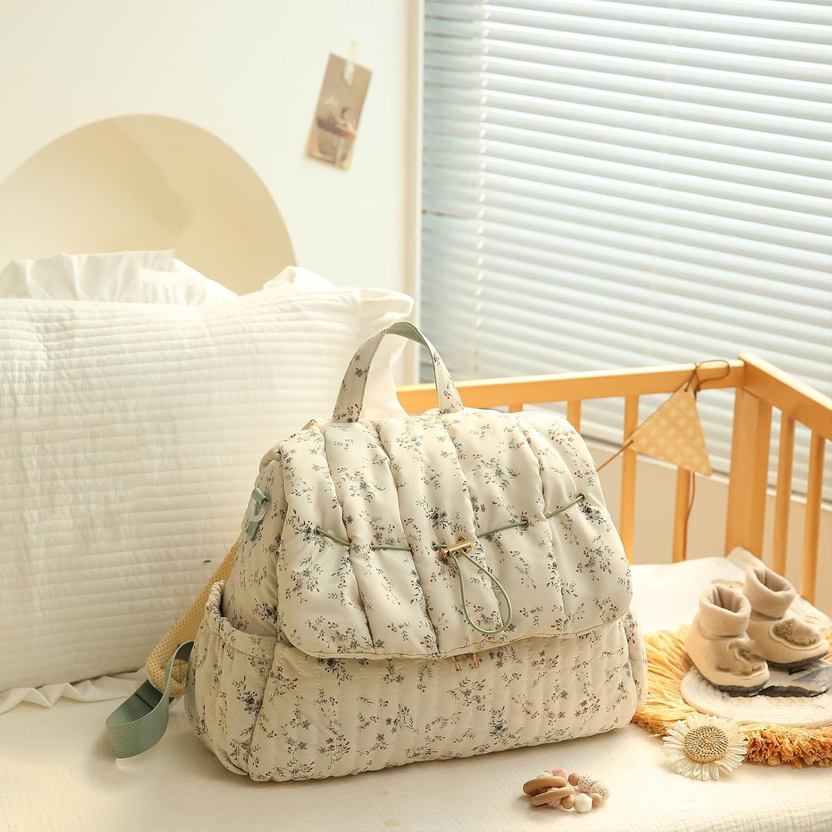 Quilted Diaper Bag Backpack, Vintage Floral Puffer Diaper Backpack Large Baby Travel Bag Mom Hospital Bag