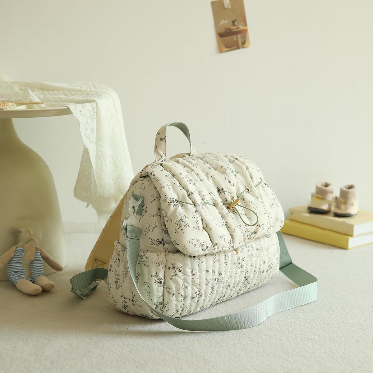 Quilted Diaper Bag Backpack, Vintage Floral Puffer Diaper Backpack Large Baby Travel Bag Mom Hospital Bag