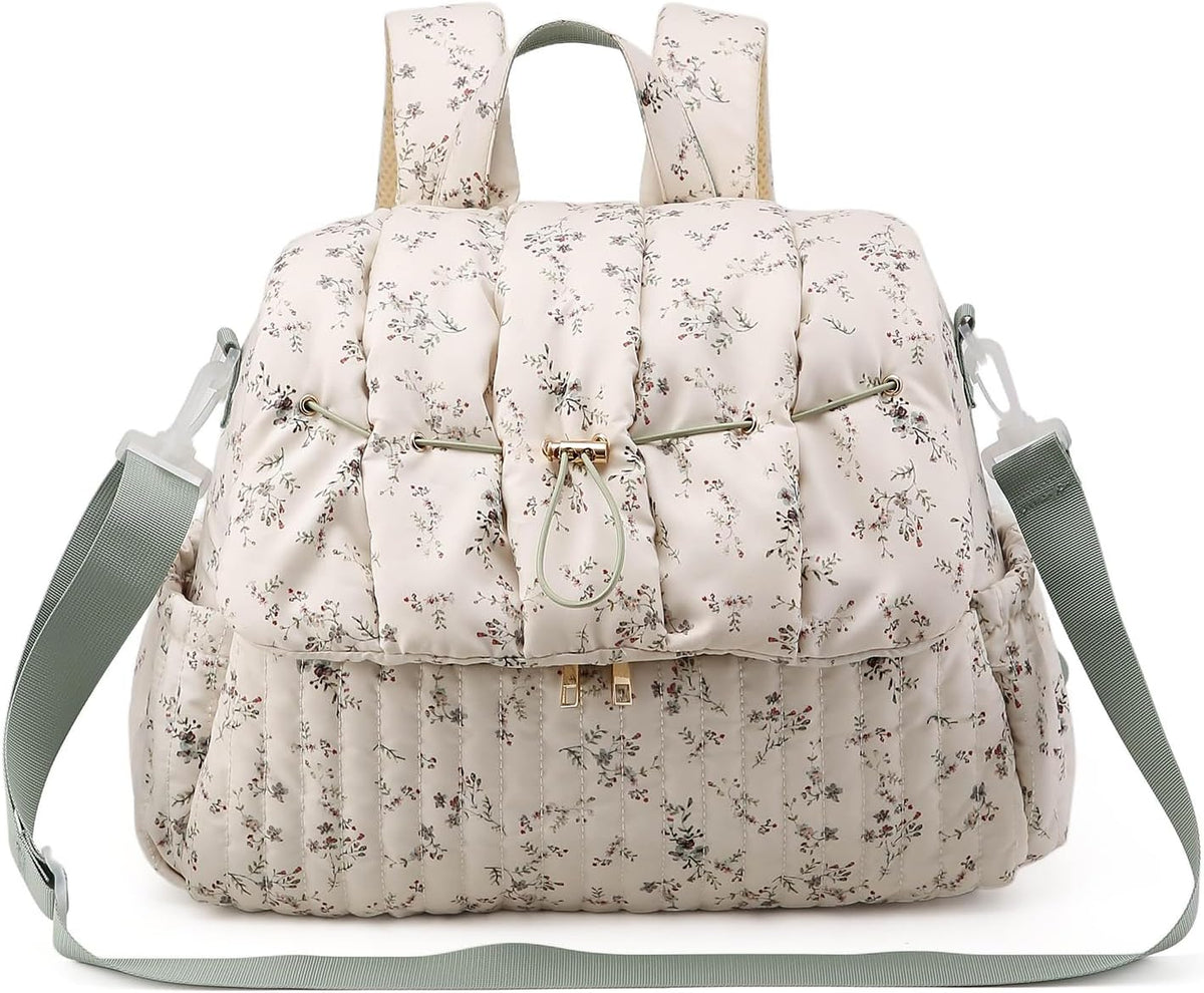 Quilted Diaper Bag Backpack, Vintage Floral Puffer Diaper Backpack Large Baby Travel Bag Mom Hospital Bag