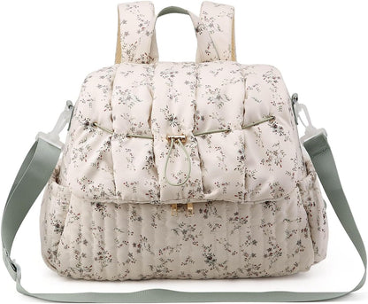 Quilted Diaper Bag Backpack, Vintage Floral Puffer Diaper Backpack Large Baby Travel Bag Mom Hospital Bag