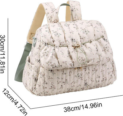Quilted Diaper Bag Backpack, Vintage Floral Puffer Diaper Backpack Large Baby Travel Bag Mom Hospital Bag