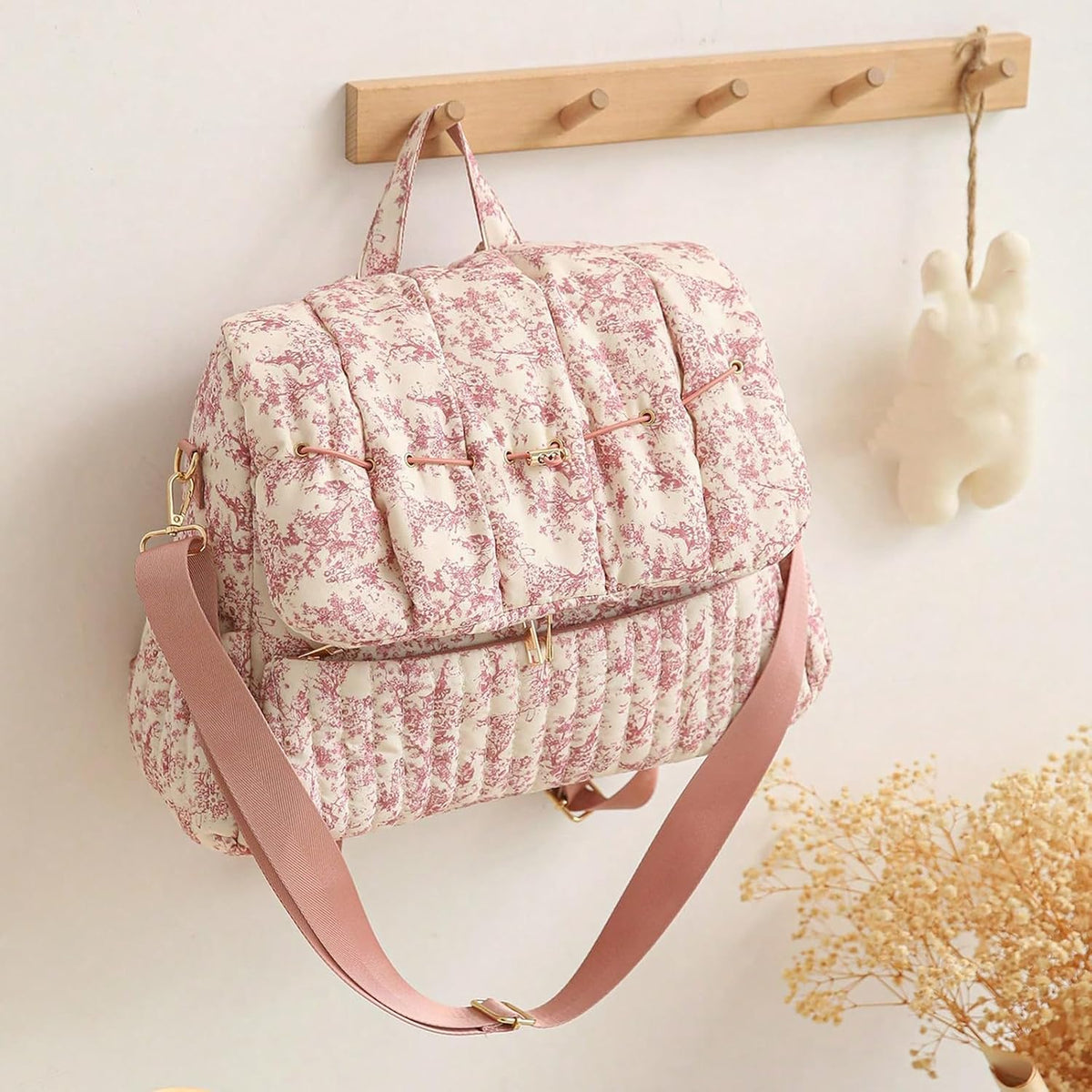 Quilted Diaper Bag Backpack, Vintage Floral Puffer Diaper Backpack Large Baby Travel Bag Mom Hospital Bag