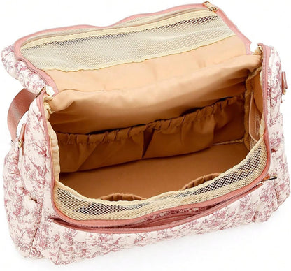 Quilted Diaper Bag Backpack, Vintage Floral Puffer Diaper Backpack Large Baby Travel Bag Mom Hospital Bag