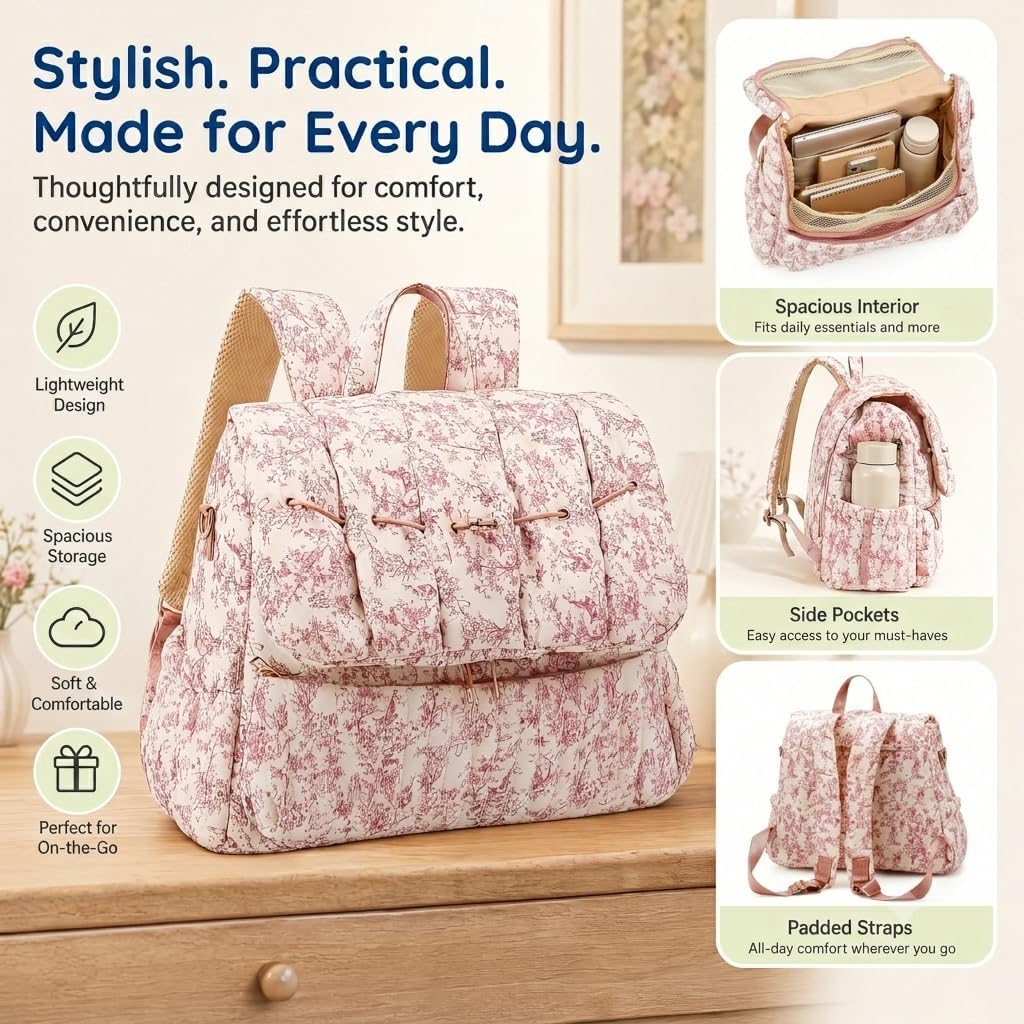 Quilted Diaper Bag Backpack, Vintage Floral Puffer Diaper Backpack Large Baby Travel Bag Mom Hospital Bag