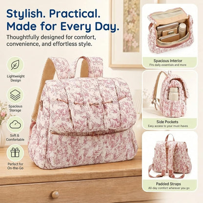 Quilted Diaper Bag Backpack, Vintage Floral Puffer Diaper Backpack Large Baby Travel Bag Mom Hospital Bag