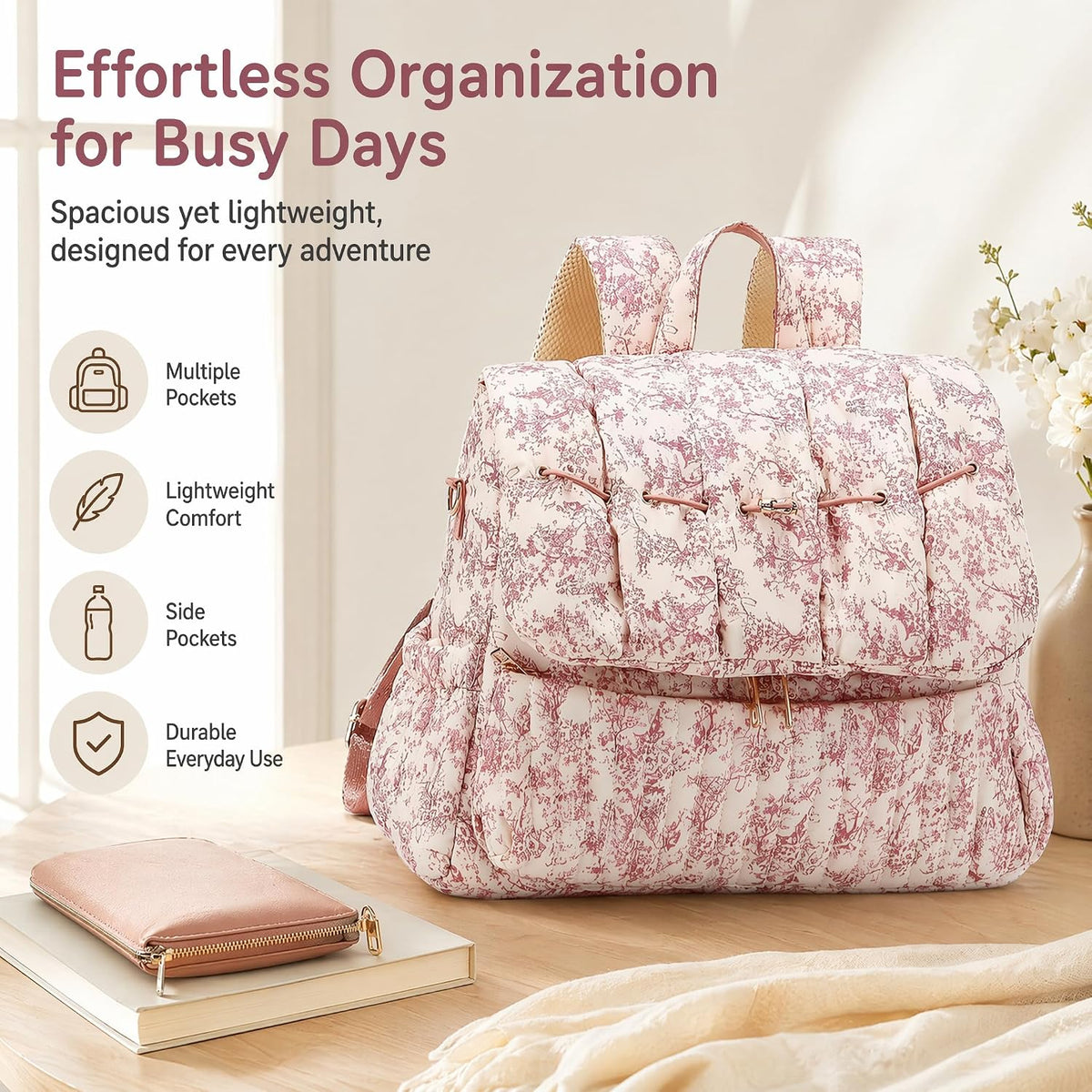 Quilted Diaper Bag Backpack, Vintage Floral Puffer Diaper Backpack Large Baby Travel Bag Mom Hospital Bag