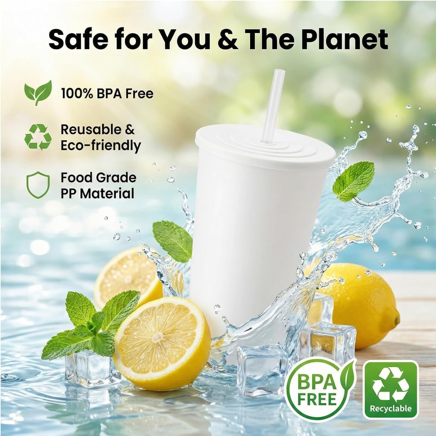 32oz Cups with Lids and Straws Set 8, BPA-Free Iced Coffee Patriotic | Food Grade Polypropylene (PP), Leak Proof Lids, Break-resistant, Lightweight, Reusable Dishwasher safe, Friendly Kids Elderly
