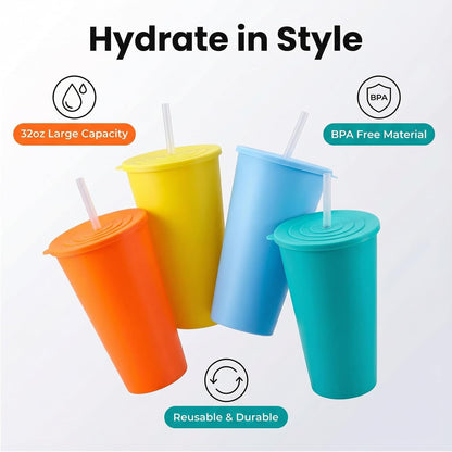 32oz Cups with Lids and Straws Set 8, BPA-Free Iced Coffee Patriotic | Food Grade Polypropylene (PP), Leak Proof Lids, Break-resistant, Lightweight, Reusable Dishwasher safe, Friendly Kids Elderly
