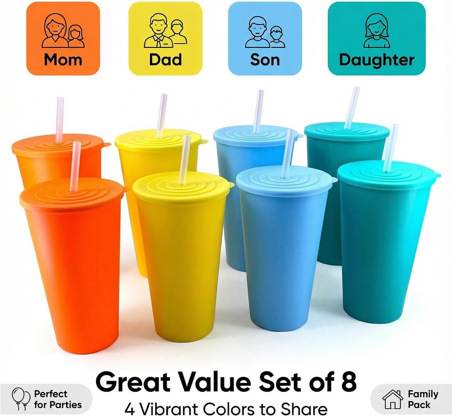 32oz Cups with Lids and Straws Set 8, BPA-Free Iced Coffee Patriotic | Food Grade Polypropylene (PP), Leak Proof Lids, Break-resistant, Lightweight, Reusable Dishwasher safe, Friendly Kids Elderly