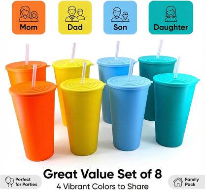 32oz Cups with Lids and Straws Set 8, BPA-Free Iced Coffee Patriotic | Food Grade Polypropylene (PP), Leak Proof Lids, Break-resistant, Lightweight, Reusable Dishwasher safe, Friendly Kids Elderly