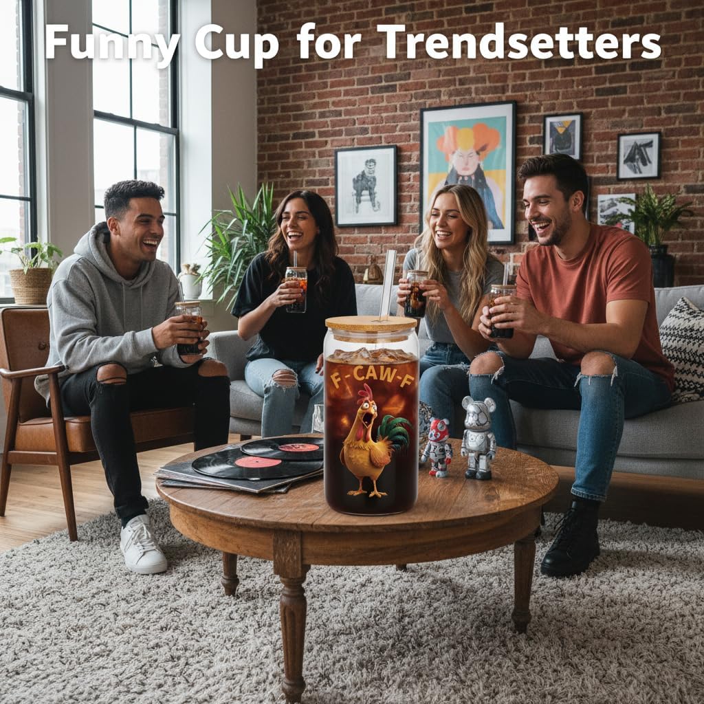 Funny Chicken Glass Cup with Lid and Straw, I’m Calm on the Surface but I’ve Pecked You 3 Times in My Head – Quirky Gag Gift for Women, Chicken Lovers, Coworker, Best Friend