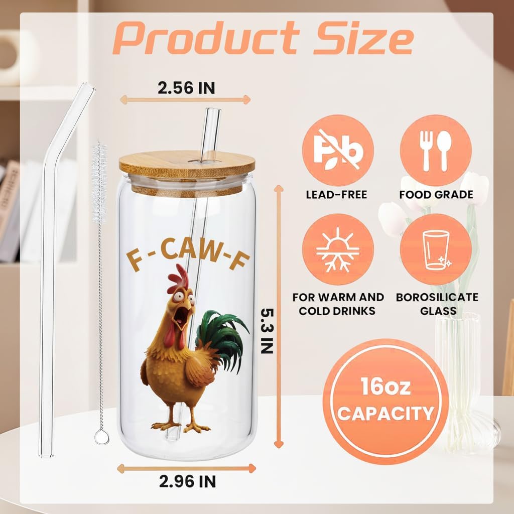 Funny Chicken Glass Cup with Lid and Straw, I’m Calm on the Surface but I’ve Pecked You 3 Times in My Head – Quirky Gag Gift for Women, Chicken Lovers, Coworker, Best Friend