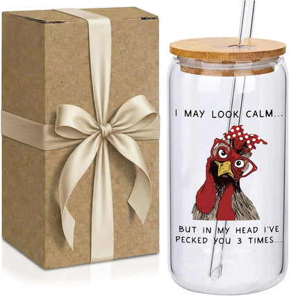 Funny Chicken Glass Cup with Lid and Straw, I’m Calm on the Surface but I’ve Pecked You 3 Times in My Head – Quirky Gag Gift for Women, Chicken Lovers, Coworker, Best Friend