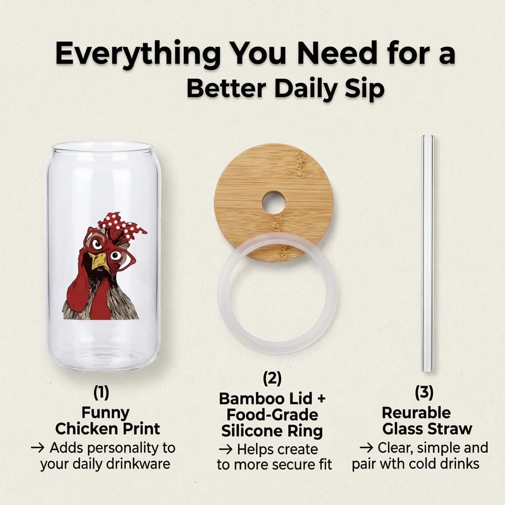 Funny Chicken Glass Cup with Lid and Straw, I’m Calm on the Surface but I’ve Pecked You 3 Times in My Head – Quirky Gag Gift for Women, Chicken Lovers, Coworker, Best Friend