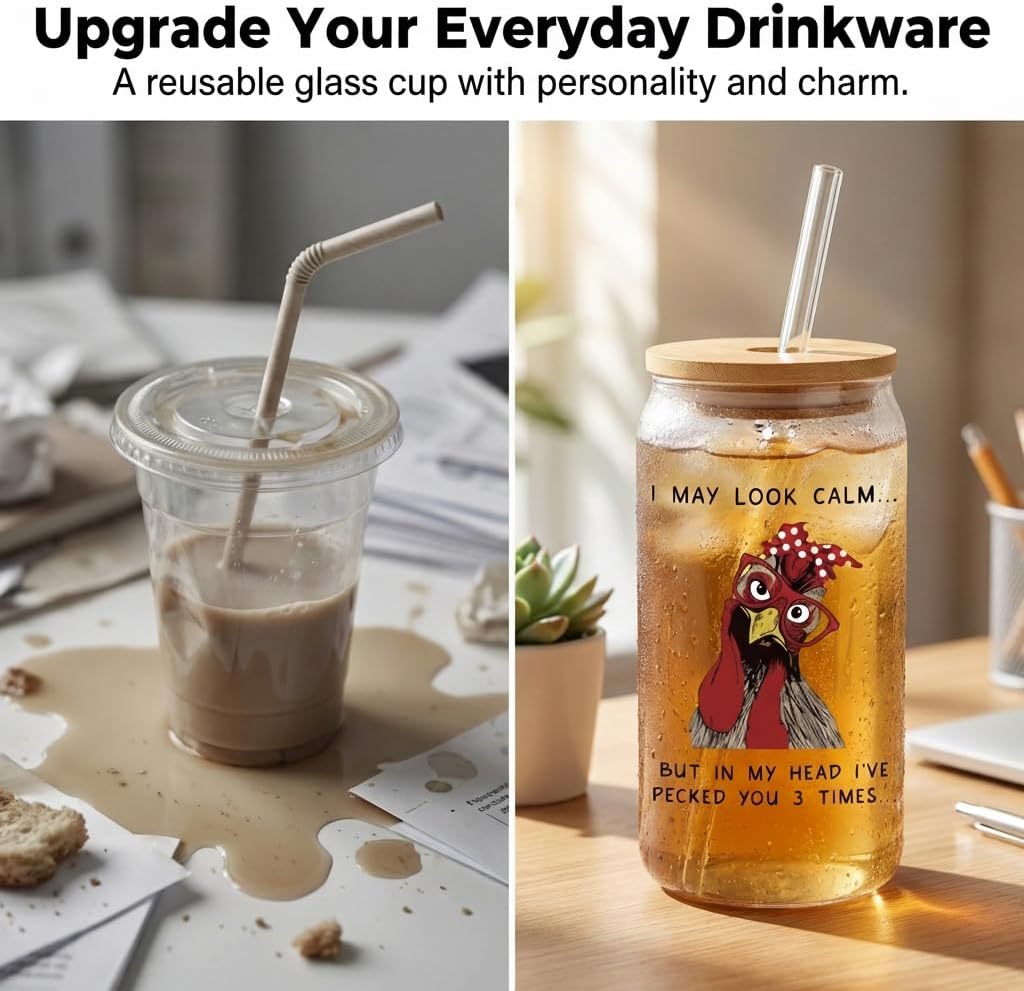 Funny Chicken Glass Cup with Lid and Straw, I’m Calm on the Surface but I’ve Pecked You 3 Times in My Head – Quirky Gag Gift for Women, Chicken Lovers, Coworker, Best Friend