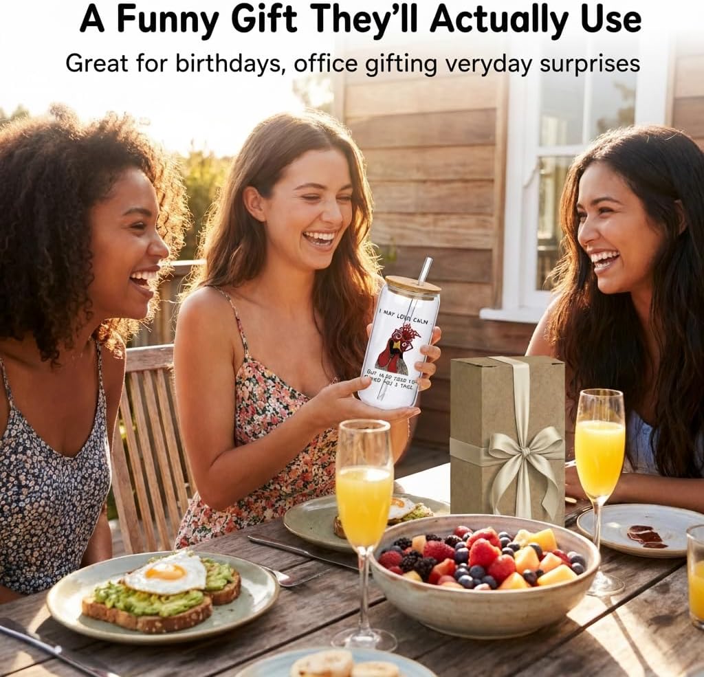 Funny Chicken Glass Cup with Lid and Straw, I’m Calm on the Surface but I’ve Pecked You 3 Times in My Head – Quirky Gag Gift for Women, Chicken Lovers, Coworker, Best Friend