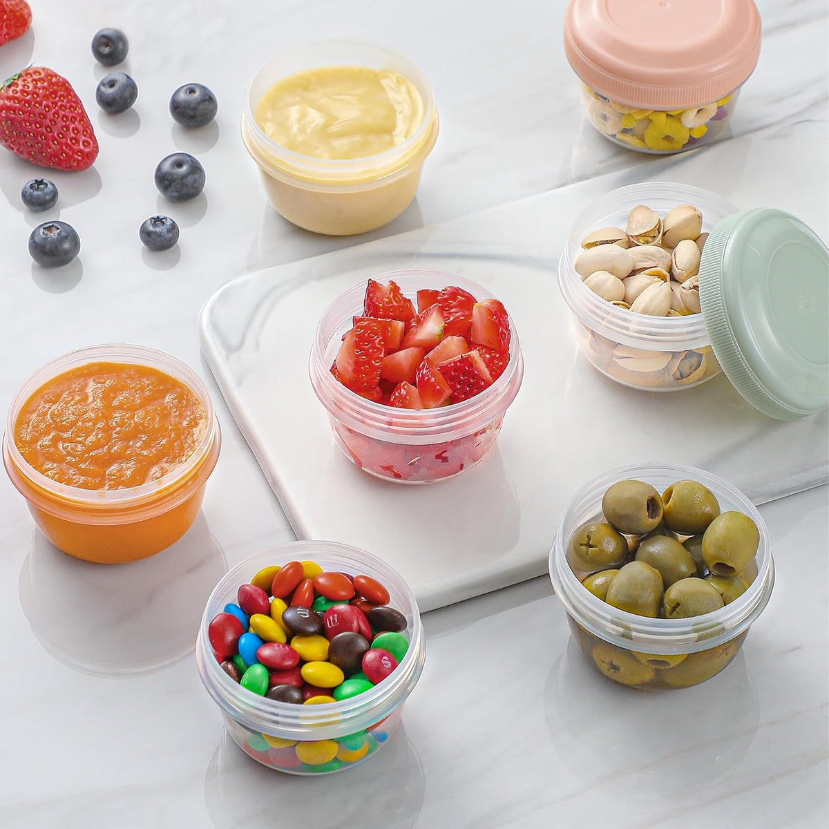 4 oz Small Containers with Lids, Reusable Plastic Jars for Snack and Puree, Salad Dressing Container to Go, Deli Containers, Freezer Baby Food Containers, Dishwasher Safe, BPA Free