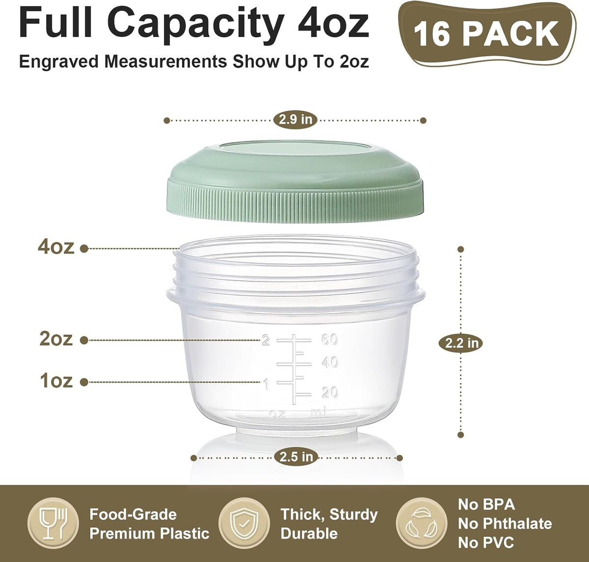 4 oz Small Containers with Lids, Reusable Plastic Jars for Snack and Puree, Salad Dressing Container to Go, Deli Containers, Freezer Baby Food Containers, Dishwasher Safe, BPA Free