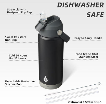 12oz Insulated Water Bottle, Stainless Steel Bottle with Straw Lid | Soft Silicone Nozzle, Keep Cold & Hot, Leak-Proof BPA-Free Metal Bottle with Flex Handle for Travel, Gym & Everyday Hydration