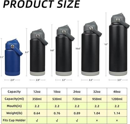 12oz Insulated Water Bottle, Stainless Steel Bottle with Straw Lid | Soft Silicone Nozzle, Keep Cold & Hot, Leak-Proof BPA-Free Metal Bottle with Flex Handle for Travel, Gym & Everyday Hydration