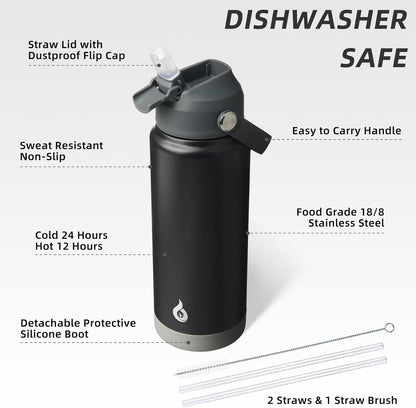 12oz Insulated Water Bottle, Stainless Steel Bottle with Straw Lid | Soft Silicone Nozzle, Keep Cold & Hot, Leak-Proof BPA-Free Metal Bottle with Flex Handle for Travel, Gym & Everyday Hydration