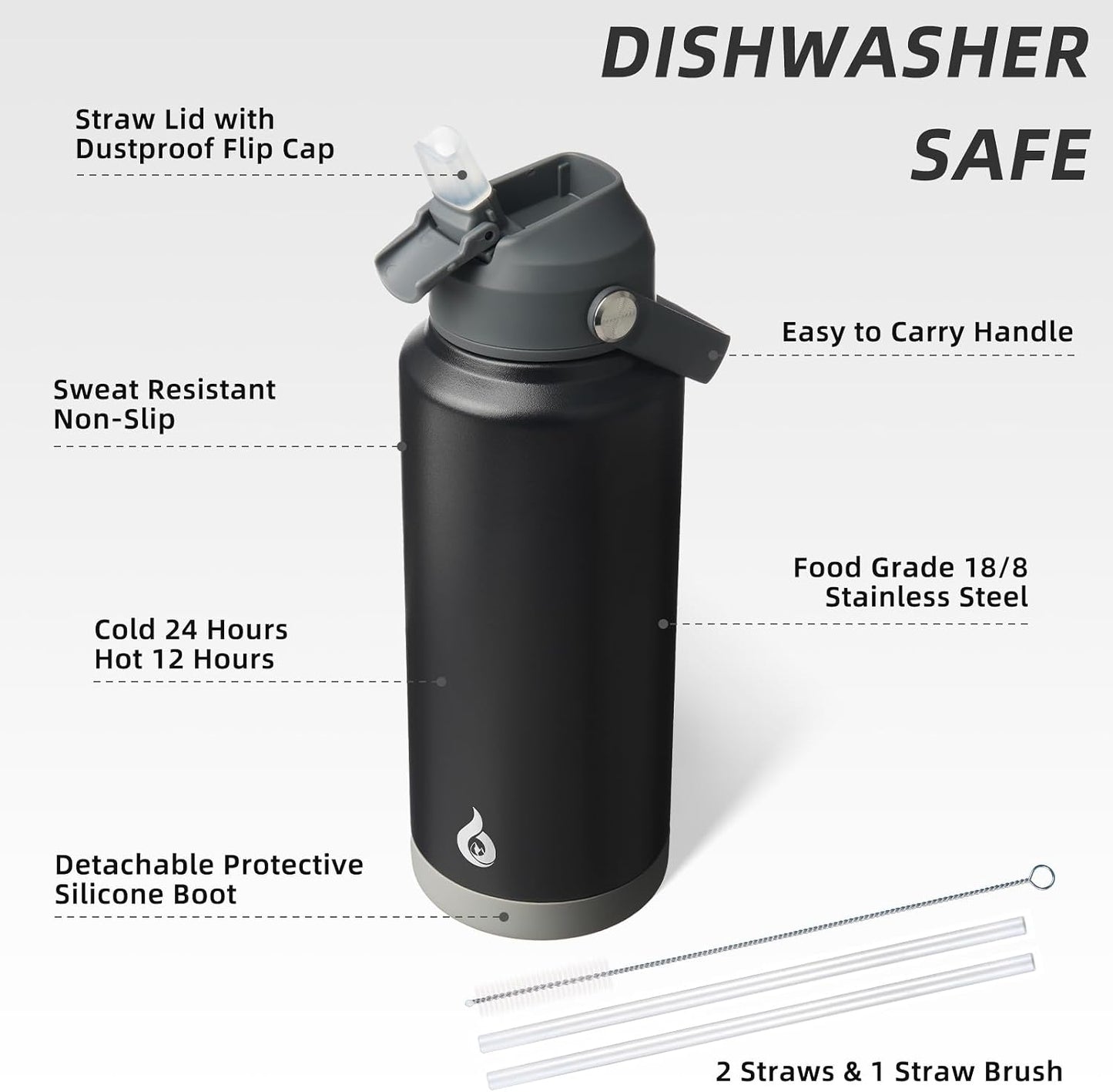 12oz Insulated Water Bottle, Stainless Steel Bottle with Straw Lid | Soft Silicone Nozzle, Keep Cold & Hot, Leak-Proof BPA-Free Metal Bottle with Flex Handle for Travel, Gym & Everyday Hydration