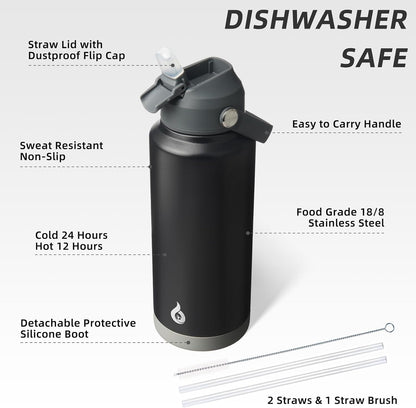 12oz Insulated Water Bottle, Stainless Steel Bottle with Straw Lid | Soft Silicone Nozzle, Keep Cold & Hot, Leak-Proof BPA-Free Metal Bottle with Flex Handle for Travel, Gym & Everyday Hydration