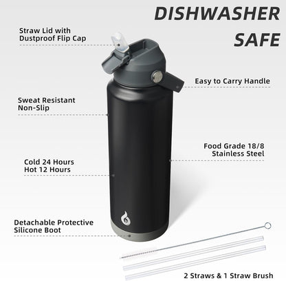 12oz Insulated Water Bottle, Stainless Steel Bottle with Straw Lid | Soft Silicone Nozzle, Keep Cold & Hot, Leak-Proof BPA-Free Metal Bottle with Flex Handle for Travel, Gym & Everyday Hydration