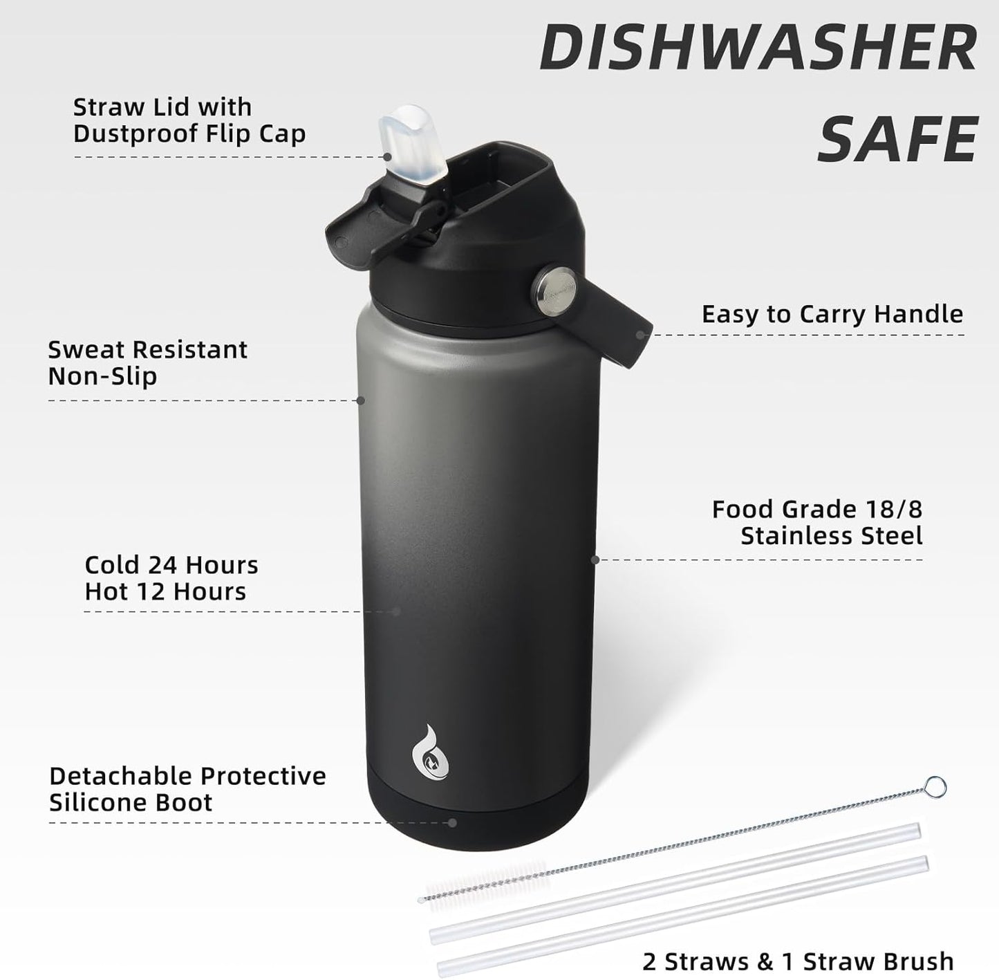 12oz Insulated Water Bottle, Stainless Steel Bottle with Straw Lid | Soft Silicone Nozzle, Keep Cold & Hot, Leak-Proof BPA-Free Metal Bottle with Flex Handle for Travel, Gym & Everyday Hydration
