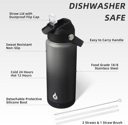 12oz Insulated Water Bottle, Stainless Steel Bottle with Straw Lid | Soft Silicone Nozzle, Keep Cold & Hot, Leak-Proof BPA-Free Metal Bottle with Flex Handle for Travel, Gym & Everyday Hydration