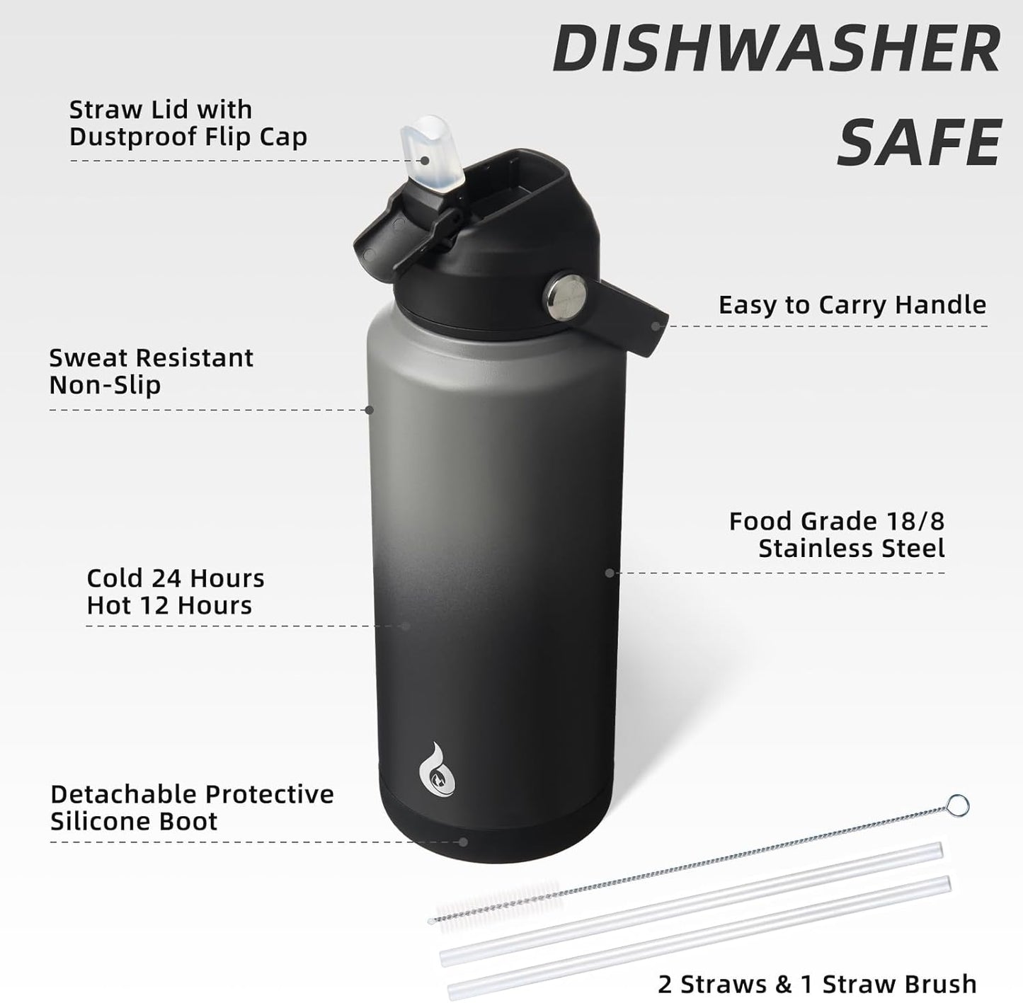 12oz Insulated Water Bottle, Stainless Steel Bottle with Straw Lid | Soft Silicone Nozzle, Keep Cold & Hot, Leak-Proof BPA-Free Metal Bottle with Flex Handle for Travel, Gym & Everyday Hydration